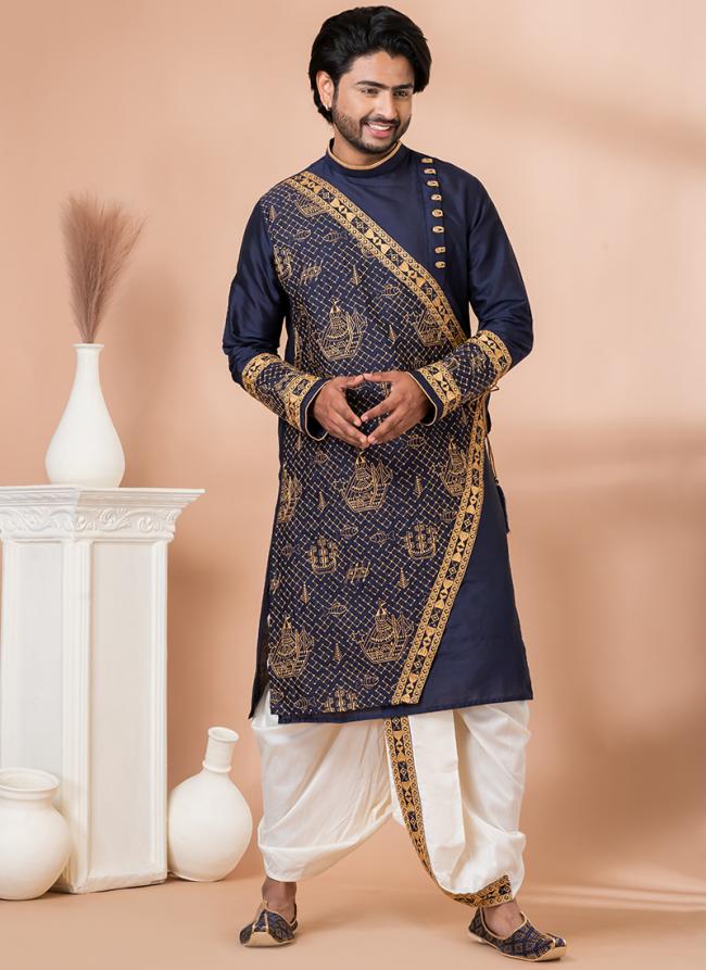 Pure Viscose Navy Blue Traditional Wear Embroidery Work Dhoti Kurta